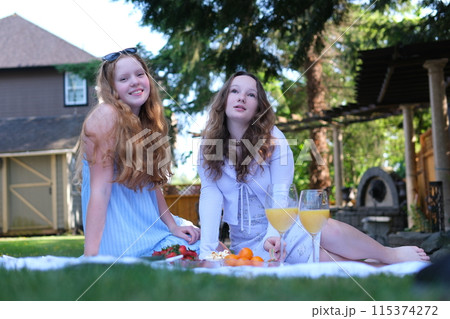 Two girls friends on a picnic drinking orange juice taking a selfie talking sitting on their phones sitting on the grass in summer dresses 115374272