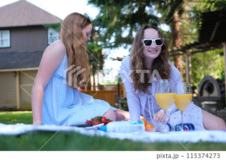 Two girls friends on a picnic drinking orange juice taking a selfie talking sitting on their phones sitting on the grass in summer dresses 115374273