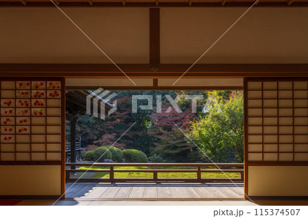 秋の京都 随心院 能の間から見える庭園 秋の京都 随心院 能の間から見える庭園 115374507