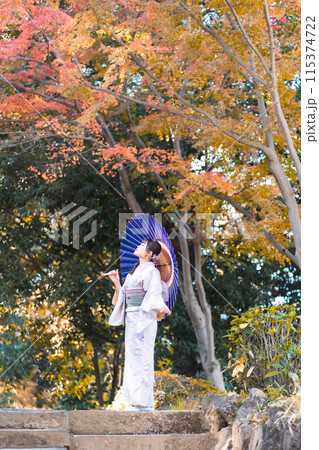 紅葉の古都を歩く着物姿の若い女性 紅葉の古都を歩く着物姿の若い女性 115374722