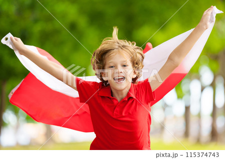 Child running with Poland flag. Little Polish fan Child running with Poland flag. Little Polish fan 115374743