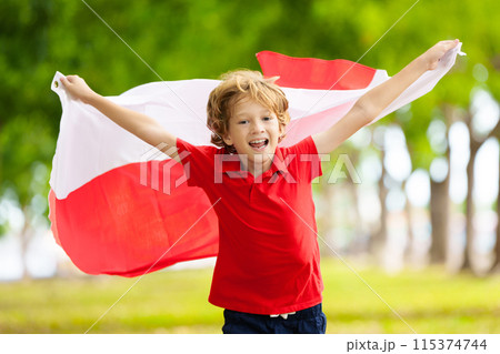 Child running with Poland flag. Little Polish fan Child running with Poland flag. Little Polish fan 115374744