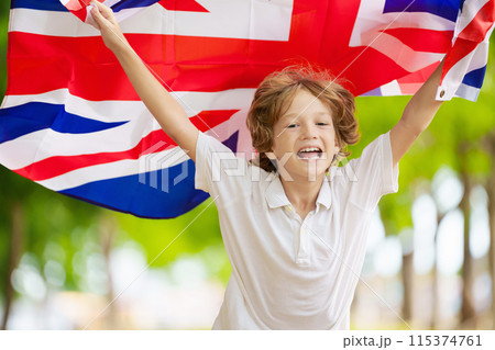 Child running with UK flag. Britain supporter Child running with UK flag. Britain supporter 115374761
