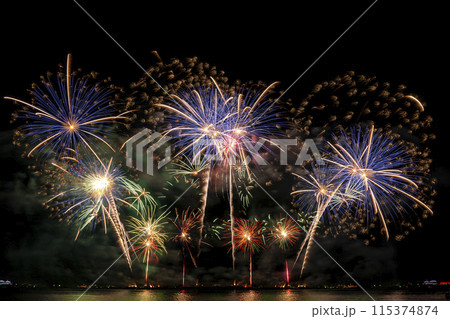 Real Fireworks display celebration, Colorful New Year Firework 115374874