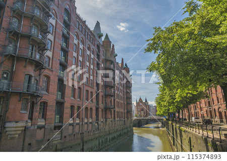 Hamburg Germany, city skyline at Speicherstadt and canal 115374893