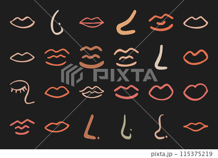 Trendy boho minimal nose and lips symbol design, doodle abstract random shape graphic, cute liquid irregular form set, modern organic asymmetric element collection, geometric amorphous silhouette art, 115375219