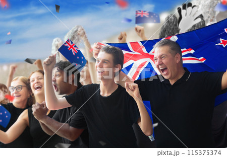 New Zealand team supporter on stadium. New Zealand team supporter on stadium. 115375374