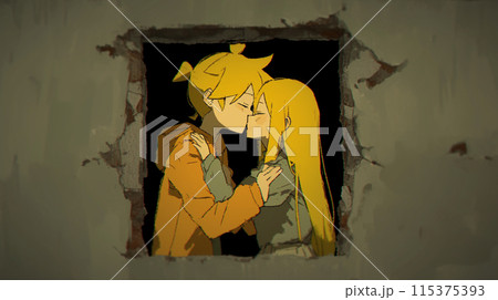 物陰で人目を避けてキスをしている若い恋人たち