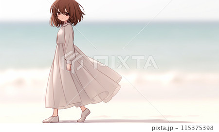 浜辺を一人で歩いている少女