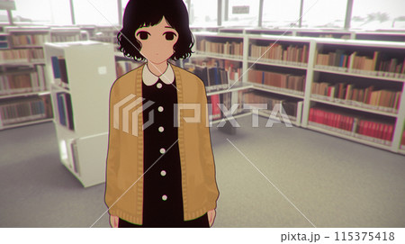 学校の図書館にいる制服を着た女学生