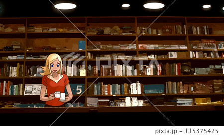 たくさんの本の詰まっている書棚の前でコーヒーブレイクの女性