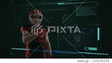 Image of data processing over male american football player with ball 115376178
