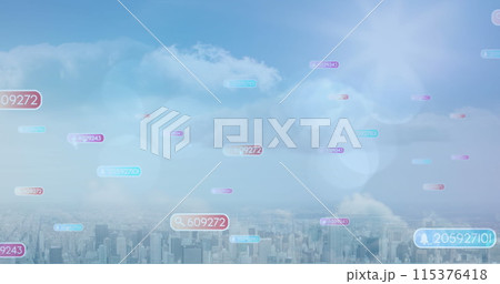 Image of social media icons with numbers over cityscape Image of social media icons with numbers over cityscape 115376418