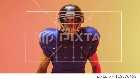 Image of american football pitch over american football player on neon background 115376458