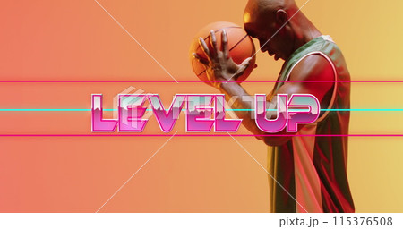 Image of level up text over basketball player on neon background Image of level up text over basketball player on neon background 115376508