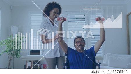 Image of data processing over diverse doctor and patient exercising 115376543