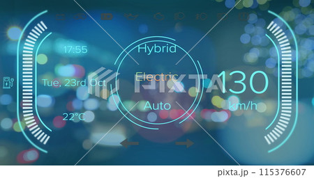 Image of electric car speedometer data processing over city 115376607
