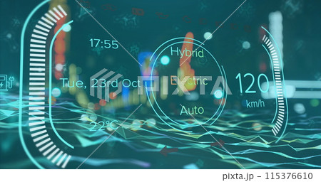 Image of electric car speedometer data processing over city 115376610