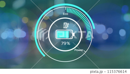 Image of electric car speedometer data processing over city 115376614