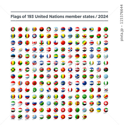 世界193ヵ国の球体型国旗アイコンのセット、2024年版 115376644