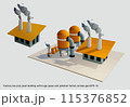 Factory low poly pixel building with huge pipes and pollution factory smoke gas., Concept of industrial working plant with chimney pipe tower., 3D Render concept factory., Air pollution 115376852