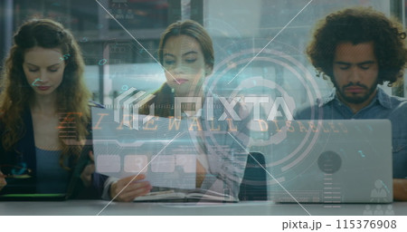 Image of data processing on digital screen over caucasian female coworkers 115376908