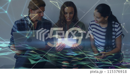 Image of 5g and network of connections over diverse female and male coworkers 115376918