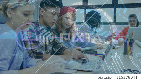 Image of data processing on digital screen over diverse female and male coworkers Image of data processing on digital screen over diverse female and male coworkers 115376941