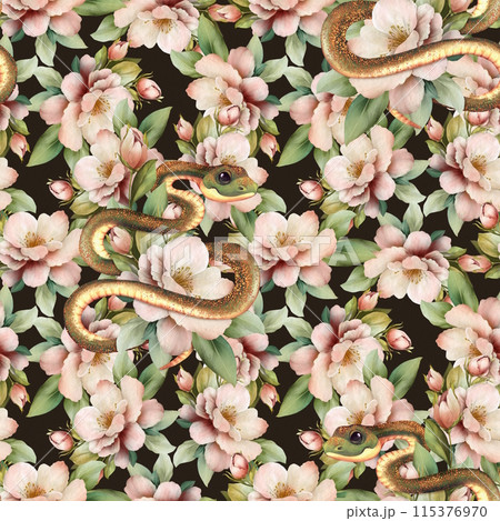 Dark floral seamless pattern with snakes. Serpent with flowers and leaves. Floral background Dark floral seamless pattern with snakes. Serpent with flowers and leaves. Floral background 115376970