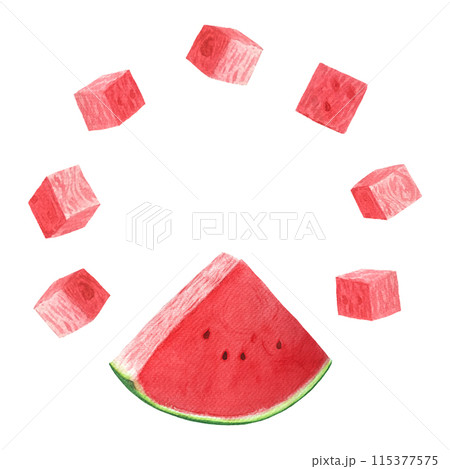 Watermelon slice and cubes red and juicy with a few seeds. Watercolor round frame isolated on white, hand drawn for food design. Packages, juice, smoothie, menu, organic food, ice cream label, logo Watermelon slice and cubes red and juicy with a few seeds. Watercolor round frame isolated on white, hand drawn for food design. Packages, juice, smoothie, menu, organic food, ice cream label, logo 115377575