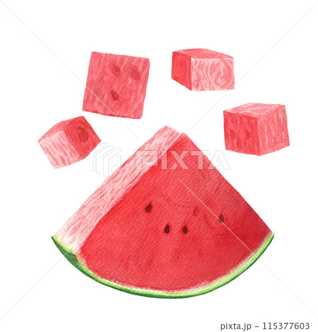 Watermelon slice and cubes red and juicy with a few seeds. Watercolor set isolated on white background, hand drawn for food design. Packages, juice, smoothie, menu, organic food, ice cream label, logo 115377603