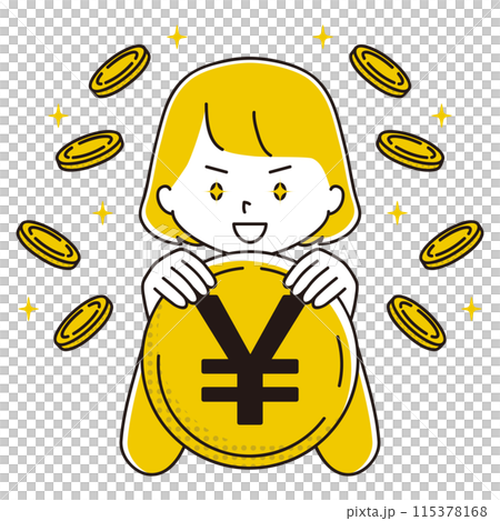 一個眼睛閃亮的女人拿著日元硬幣的插圖 115378168