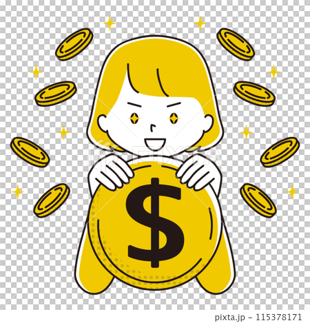 Illustration of a woman with shining eyes holding a dollar coin Illustration of a woman with shining eyes holding a dollar coin 115378171