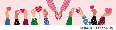 Charity assistance. Hand hold love hearts. Friends help. Social support give and share. People friendship. Hope and donate. Community solidarity. Compassion and empathy. Vector concept 115378240