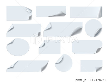 Paper stickers. White label. Peel off and fold tag. Circle and rectangle icons. Office stationery. Round and square badges with curled edges. Notepaper sticky pages. Vector reminders set Paper stickers. White label. Peel off and fold tag. Circle and rectangle icons. Office stationery. Round and square badges with curled edges. Notepaper sticky pages. Vector reminders set 115378247