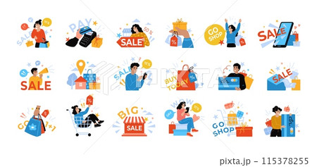 Shop icons. Online shopping. Store sale. Outline woman making purchase. Man paying order by smartphone. Mobile app service. Boutique discount. People buy clothing. Vector concepts set 115378255