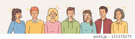 Happy people. Smiling men and women. Doodle colleagues team. Friends flat portrait. Business group. Cheerful characters standing together. Positive employees. Vector office community Happy people. Smiling men and women. Doodle colleagues team. Friends flat portrait. Business group. Cheerful characters standing together. Positive employees. Vector office community 115378275