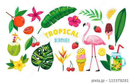 Summer beach. Hawaii travel. Caribbean party. Exotic flamingo. Tropical fruit for cocktail drink. Ice cream. Flowers and pineapple. Vector summertime vacation elements set palm leaves 115378281