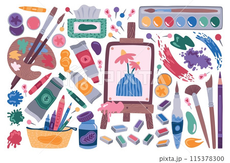 Painter tools. Paint art brush, craft doodle pencil and children draw, cute watercolor class or school stationery. Brushes for artist and acrylic paints vector cartoon flat isolated illustration 115378300