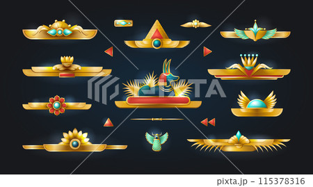 Egypt game. Gold pharaoh frame. UI Egyptian old slots. Emerald and ruby gemstones. Golden ornaments with ancient jewel lotus. Treasure border. Vector antique decoration elements set Egypt game. Gold pharaoh frame. UI Egyptian old slots. Emerald and ruby gemstones. Golden ornaments with ancient jewel lotus. Treasure border. Vector antique decoration elements set 115378316