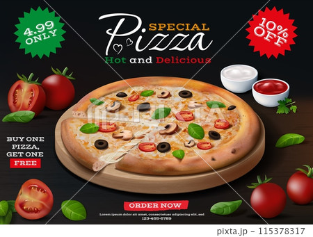 Pizza menu. Pepperoni delivery ad with ingredients like mozzarella cheese, tomato and baked ketchup, basil leaves. Realistic isolated elements. Pizzeria restaurant. Vector advertising banner 115378317