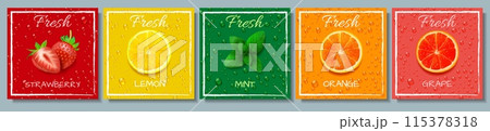 Drink background. Beverage tastes. Food stickers design. Orange or grapefruit fresh. Soda lemon flavor. Strawberry juice. Mint wet leaf and water drops. Liquid splash. Vector labels set Drink background. Beverage tastes. Food stickers design. Orange or grapefruit fresh. Soda lemon flavor. Strawberry juice. Mint wet leaf and water drops. Liquid splash. Vector labels set 115378318