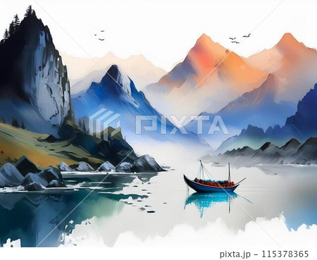 湖と山々のグラフィックアート 115378365