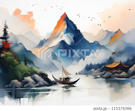 湖と山々のグラフィックアート 115378366