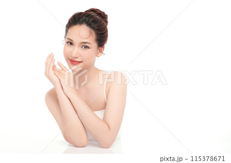 Beautiful young asian woman with clean fresh skin on white background, Face care, Facial treatment, Cosmetology, beauty and spa, Asian women portrait. Beautiful young asian woman with clean fresh skin on white background, Face care, Facial treatment, Cosmetology, beauty and spa, Asian women portrait. 115378671