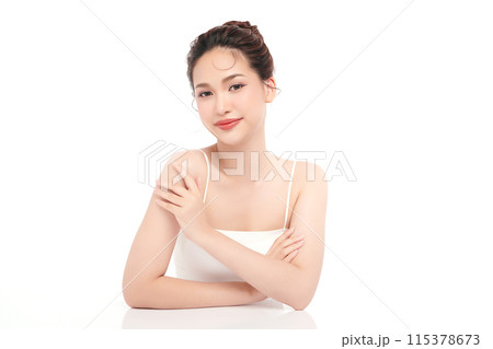 Beautiful young asian woman with clean fresh skin on white background, Face care, Facial treatment, Cosmetology, beauty and spa, Asian women portrait. Beautiful young asian woman with clean fresh skin on white background, Face care, Facial treatment, Cosmetology, beauty and spa, Asian women portrait. 115378673