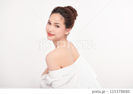 Beautiful young asian woman back view with clean fresh skin on white background, Face care, Facial treatment, Cosmetology, beauty and spa, Asian women portrait. 115378680