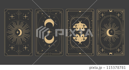 Tarot reverce border magic sacred cover card frame gold line border celelstial mystery esoteric decoration with moth stars and moon on dark background. 115378781