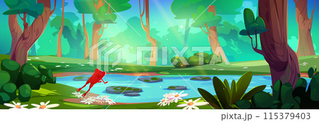 Red frog back view jump near lake in forest Red frog back view jump near lake in forest 115379403