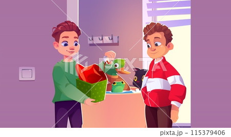 Kid boy show his friend magic trick 115379406